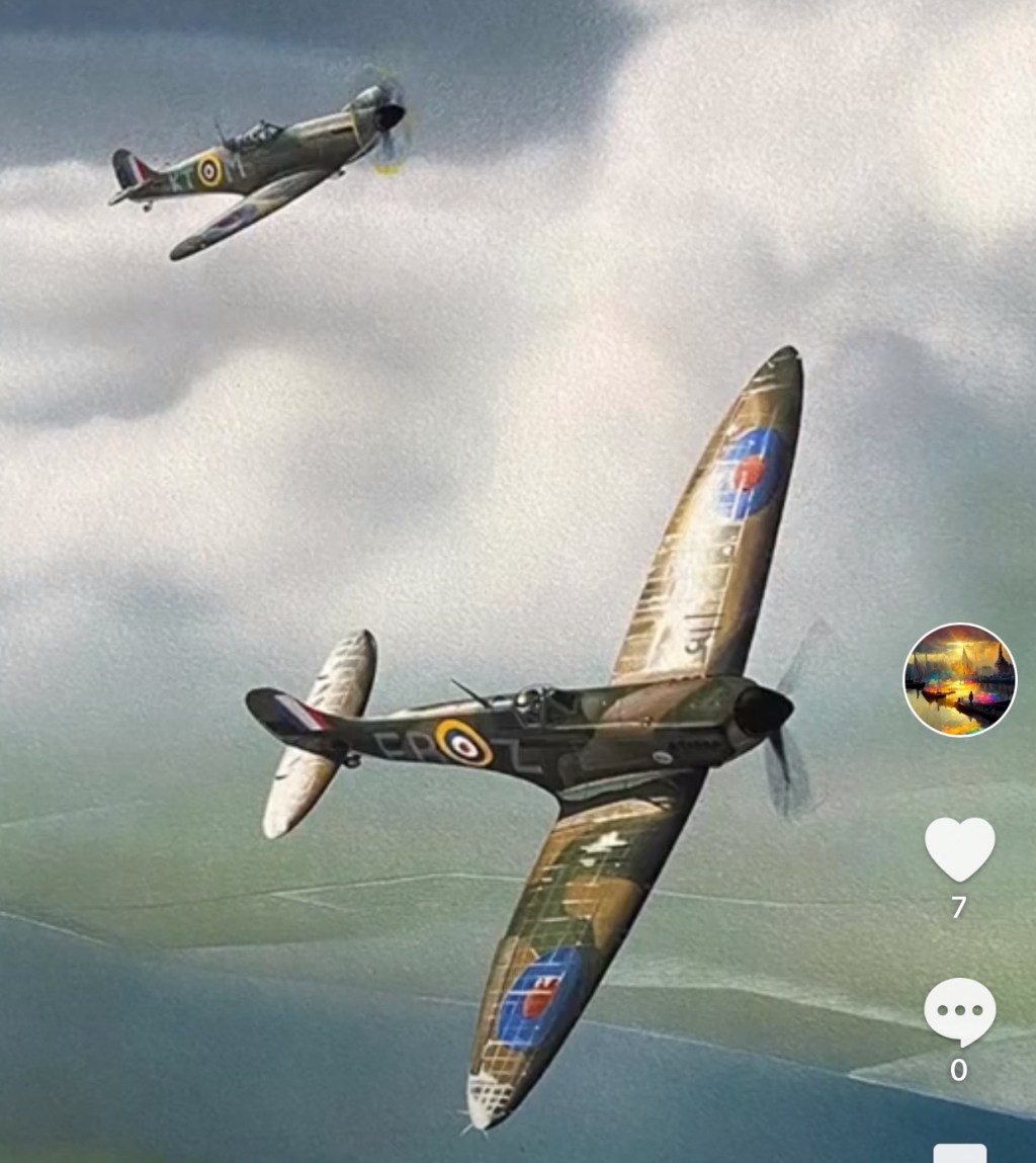 2 Spitfires of the Royal Air Force. Gouache & airbrush painting made by Ray Heere in&nbsp;1995