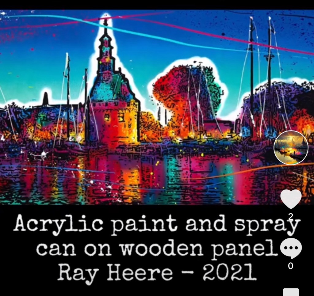 The harbor of Hoorn in the Netherlands. Acrylic paint and spraycan on wooden&nbsp;panel.